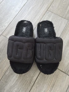 UGG MAXI GRAPHIC SLIDES BLACK SHEEPSKIN PLATFORM SANDALS SLIPPER SIZE 7 WOMEN. - Picture 1 of 10