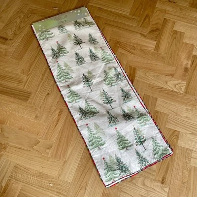 RACHEL ZOE Table Runner Christmas Trees Traditional Red Poly Spot Clean 16"x90” - Image 1 of 4