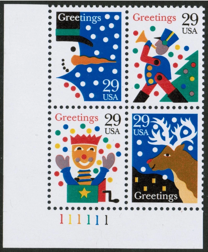 US USA Sc# 2794a MNH FVF PLATE # BLOCK Xmas Christmas Snowman Reindeer - Image 1 of 1