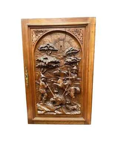 Antique French Walnut Wooden Carved Panel Door Hunting Scene 19th - Picture 1 of 9