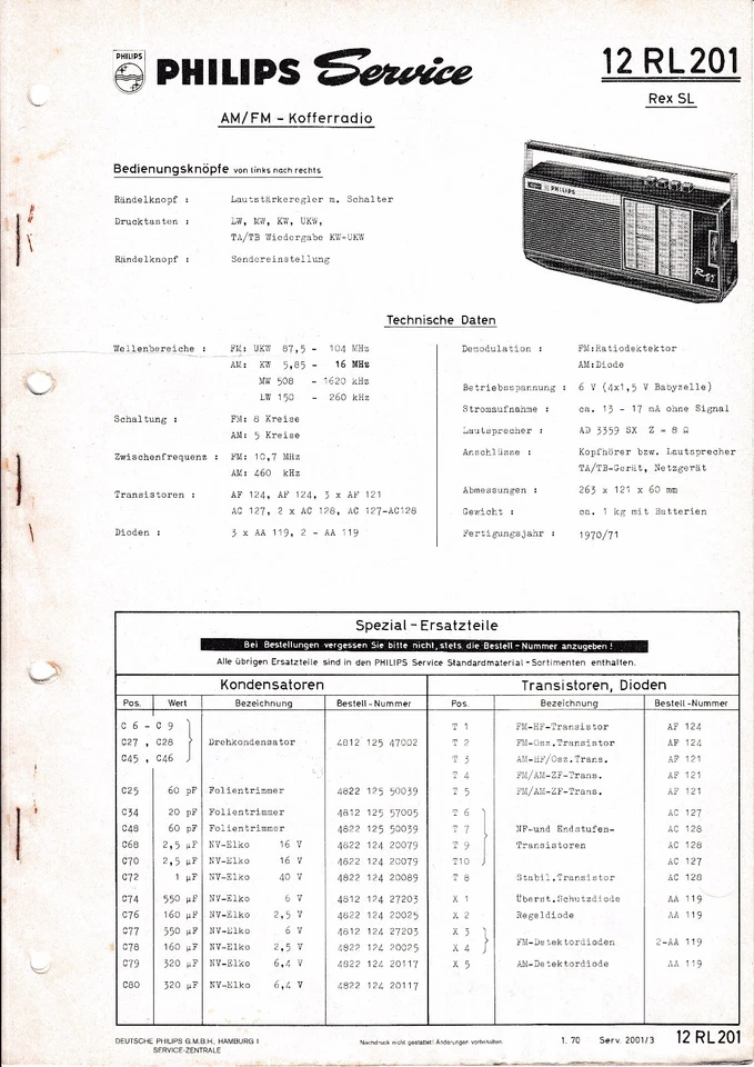 Manuale Di Servizio Per Philips 12 RL 201, REX SL - Immagine 1 di 1