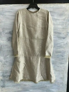 RARE! OSCAR DE LA RENTA Long Sleeve Sequin Tweed Fringe Dress, 2 - Gold - $3290 - Picture 1 of 12