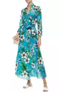 DVF West Tropical Print Cotton Silk Blend Midi Wrap Dress Blue Sz S - Picture 1 of 9