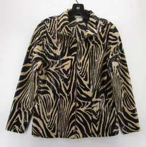VINTAGE Misook Jacket Women XS Brown Black Full Zip Shiny Evenings Zebra Print - Picture 1 of 9