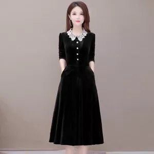 Dama Vestidos Plisados Encaje Terciopelo Terciopelo Mangas Largas Botones Ropa de trabajo Vestido informal - Imagen 1 de 12
