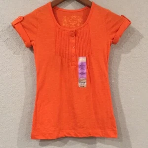 Arizona Jean Co Girl Sz 7/8 Shirt Orange Pleated Henley Short Sleeve 100% Cotton - Picture 1 of 11