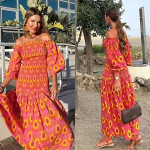 ZARA Pink Yellow Orange Printed Off Soulde Summer Maxi Dress size M 12 Beach - Picture 1 of 4