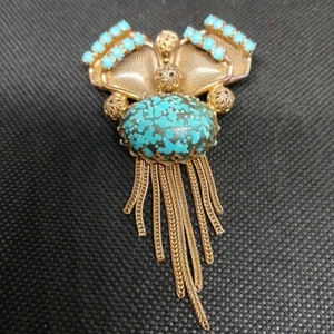 Vtg. Ornate Faux Turquoise Gold Tone Art Brooch Pin Tassels Beads Mesh MCM West - Picture 1 of 5
