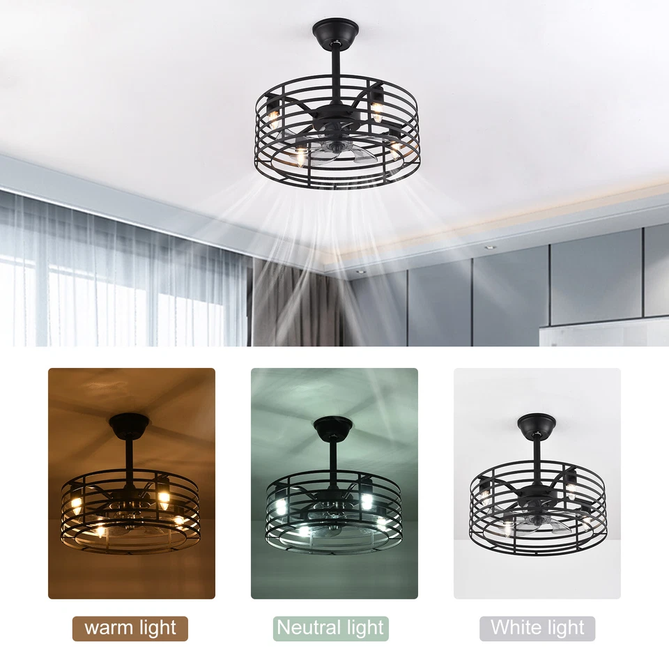 20" Farmhouse Ceiling Fan Light Rustic Metal Cage Pendant Fixture Lamp +Remote - Image 1 of 4