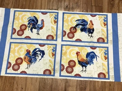 Country Roosters cotton Placemat or Pillow Fabric Panel sewing craft - Image 1 of 2