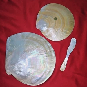 Mother of Pearl Caviar Snack Serving Plates & Knife Shell Polished Trinket - Picture 1 of 22