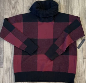 Tahari Buffalo Plaid Check Turtleneck Sweater Maroon Black Size XL X-Large NWT - Picture 1 of 3