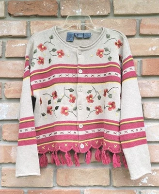 VTG Lizwear Button Up Cardigan Women's Petite S Embroidered Fringe Grandmacore Foto 1 de 4