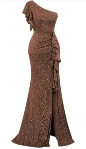 Sequin Ruffle Formal Dresses One Shoulder Mermaid Evening Gown Size 16 - Picture 1 of 3