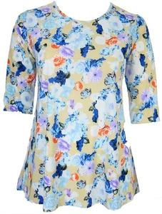 Damen Long Line Stretch Tunika Halbarm Oberteil Blau Flieder Orange Blumenmuster - Bild 1 von 2