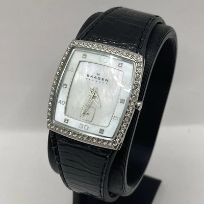 Women’s Skagen Mother Of Pearl Dial Crystal Bezel Watch Black Leather Band Works - Image 1 of 4