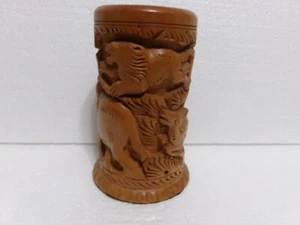 Hand Carved Sandalwood Assorted Wildlife Pencil Holder Zoo Animals Wood Cup - Picture 1 of 13
