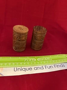 CARVED TIKI TOTEM SALT AND PEPPER SHAKERS TALL MCM WOODEN BROWN 5" - Picture 1 of 6