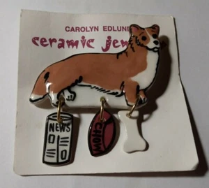 Carolyn Edlund Ceramic Jewelry Vintage Brooch With Charms Corgi Dog Art USA  ✞  - Picture 1 of 4