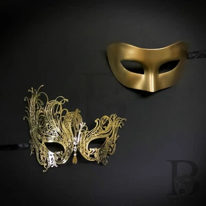 Masquerade Mask for Couples Gold Luxury Venetian Couples Masks W7344, M7139 - Picture 1 of 4