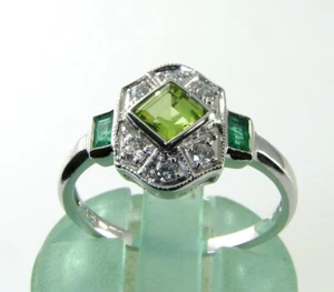 9K 9CT WHITE GOLD PERIDOT EMERALD DIAMOND CLUSTER ART DECO INS RING FREE RESIZE - Picture 1 of 6