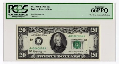 $20 1963 Federal Reserve Note Kansas City " Serial # 26 " PCGS Gem New 66 PPQ - Image 1 of 4