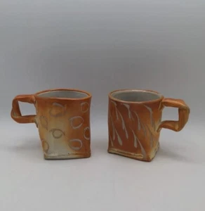 Rare 2 Studio Pottery Art Handmade Orange Glazed Square Design Bottom Mugs/Cups - Picture 1 of 11