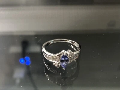 Anel de zircão branco natural e tanzanita em platina sobre prata esterlina, tamanho 7 - Imagem 1 de 2