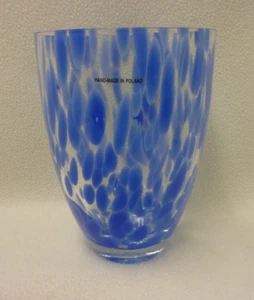 HAND BLOWN ENCASED ART GLASS FLOWER  BLUE DOTTED MADE IN POLAND 8 1/ 8"X5 3/4" - Picture 1 of 10