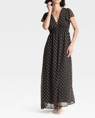 Women’s A New Day Short Sleeve Polka Dot Maxi Dress Black L Retail $40 - Image 1 of 4