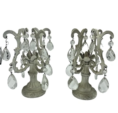 复古 Ornate Pr 白色金属单烛台带棱镜水晶破旧小屋 — 第 1/4 张图片