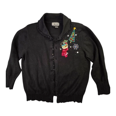 Cardigã Berek Vintage Suéter Feminino Grande Lantejoulas Frisadas Natal Boneco de Neve Árvore - Imagem 1 de 4