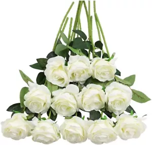 Tifuly White Roses Artificial Flowers -12 Pcs Realistic Single Long Stem Fake - Picture 1 of 6