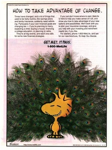 VINTAGE PRINTANZEIGE 1996 - METLIFE INS. AD - PEANUTS WOODSTOCK AS A PEACOCK SCHULZ - Bild 1 von 1