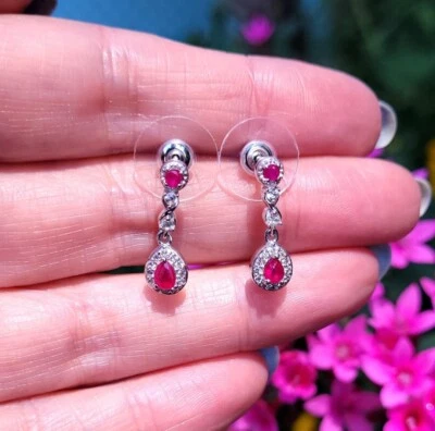 Pendientes Colgantes Premium Montepuez Rubí, Circón Blanco, NUEVO Foto 1 de 3