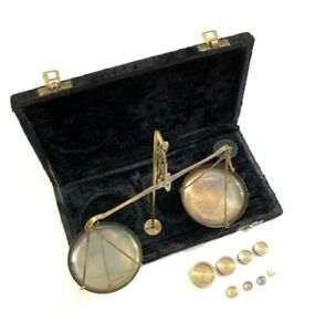 Antique Brass Jewellery Balance Scale with Velvet Box Goldsmith Weight Balance