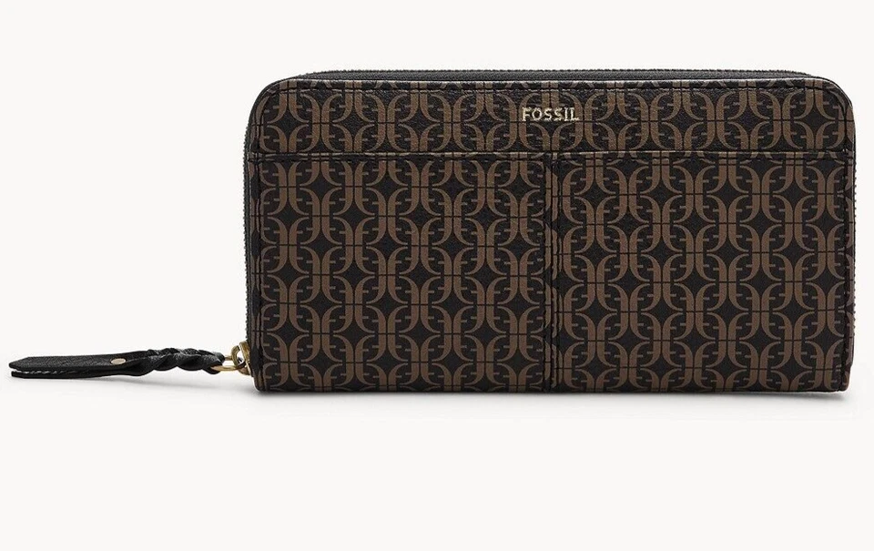 Fossil Tara Logo Zip Clutch Black Brown SL8223015 Purse Signature Wallet Y