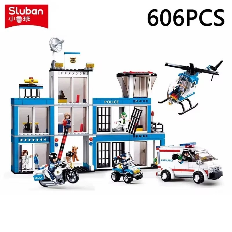 Sluban 606PCS Police Station Building Blocks Prison Ambulance Helicopter Police - Image 1 of 4