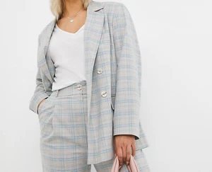 Women's Simply Be Light Grey & Blue Check Double Breasted Jacket  Size 20 BNWT - Picture 1 of 2