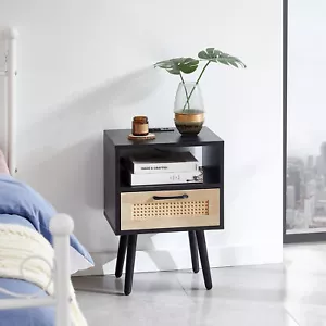 Rattan Side Table End Table Drawer Nightstand with Power Outlet & USB Ports - Picture 1 of 27
