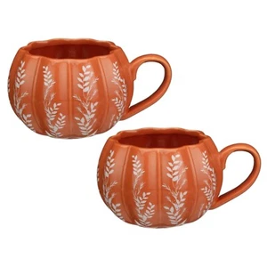 2 Stück Orange Keramik Kürbis Becher mit Blatt Aufkleber Herbst Rund Tee Kaffee Becher Geschenk - Bild 1 von 2