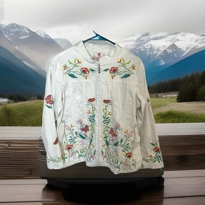 Quacker Factory White Embroidered Sequins Butterfly Floral Jacket Top Size M EUC - Image 1 of 4