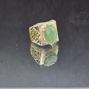 Men's Natural Emerald Gemstone Etched Brass 925 Silver Ring Handmade Size 9.75 - Picture 1 of 7