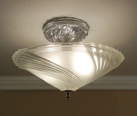 40s Vintage Ceiling Light Art Deco Glass Shade Chrome Semi Flush Fixture Rewired Cover