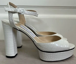 NIB Jimmy Choo Peachy White Croc Emboss Leather Platform Sandals Pumps 37.5 $995 - Picture 1 of 14