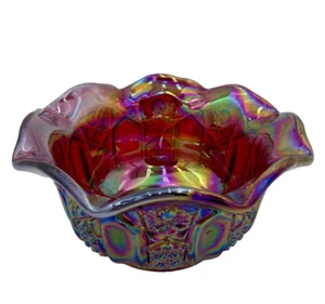 Vntg. LE Smith Ruby Red Carnival Glass Bowl, Quintec, Ruffled Edges, Iridescent - Picture 1 of 13