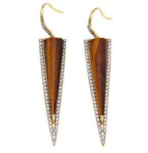 Meher's Jewelry Tiger Eye Gemstone Drop Earring Yellow Vermeil Silver - Picture 1 of 2
