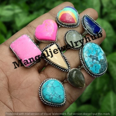 Lote de 10 piezas de anillos enchapados en plata de ley 925 turquesa y mezcla de piedras preciosas joyería Foto 1 de 4