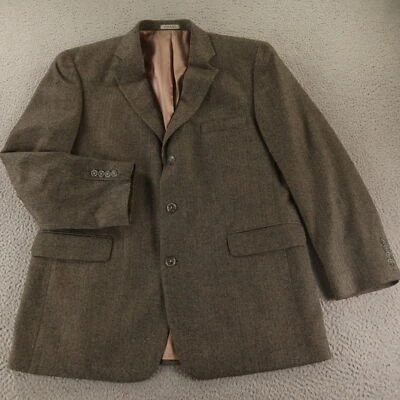Tweed Jacket L Beige Black Herringbone 100% Wool Blazer Sport Coat 44R - Image 1 of 4