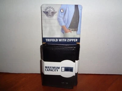 Dockers Mens RFID Coated Leather Trifold Wallet Zipper Closure 6 Card Slot Black - Image 1 of 4